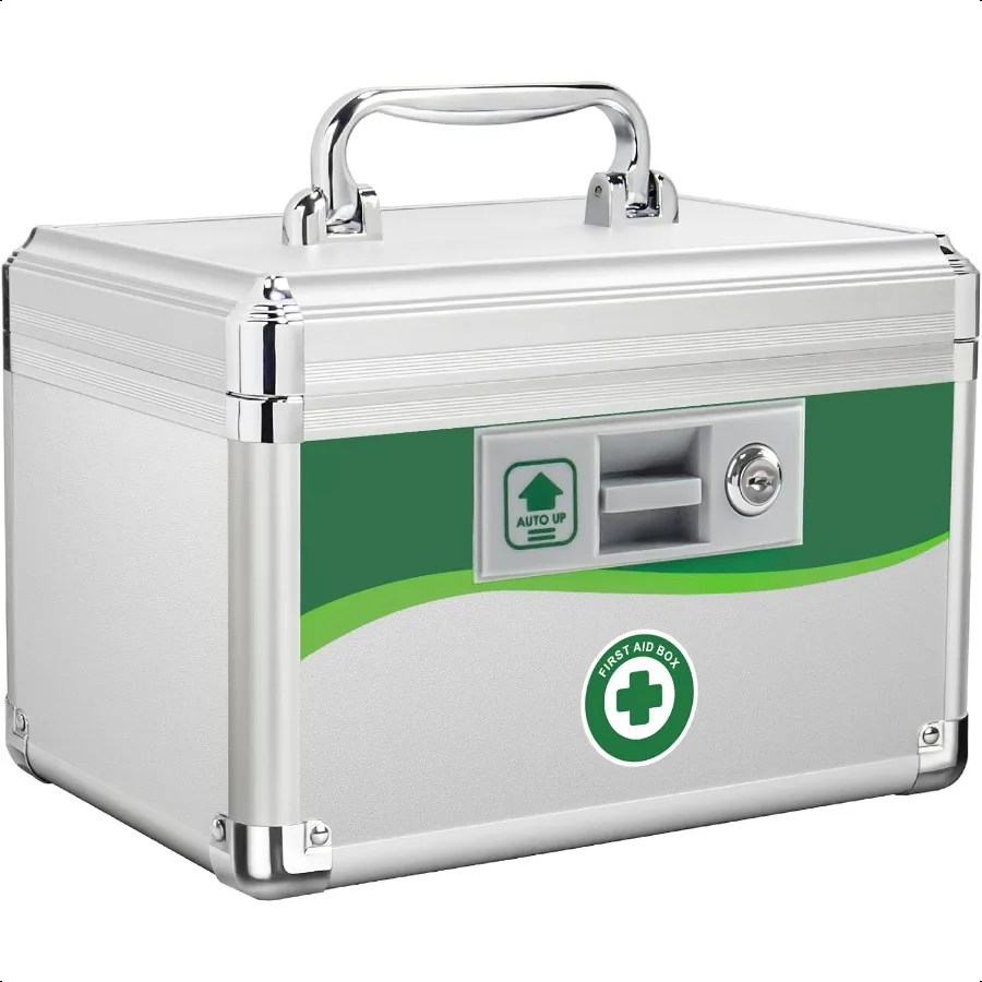 

Medicine Lock Box First Aid Safe Medication Storage Box Layered Aluminum Daily Medicine Lockable Box with Key 10 x 6.88 x 6.88