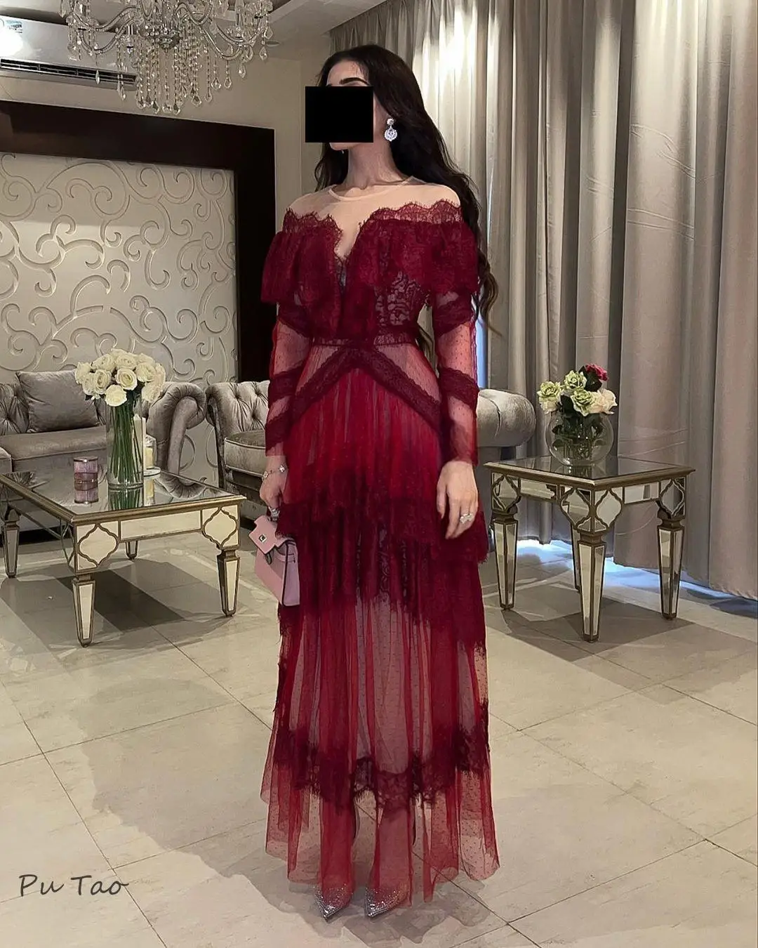 Putao Daudi Prom Dresses Long Sleeves Lace Tulle Tiered Burgundy Party Saudi Arabia Women Wear Special Banquet Evening Gowns