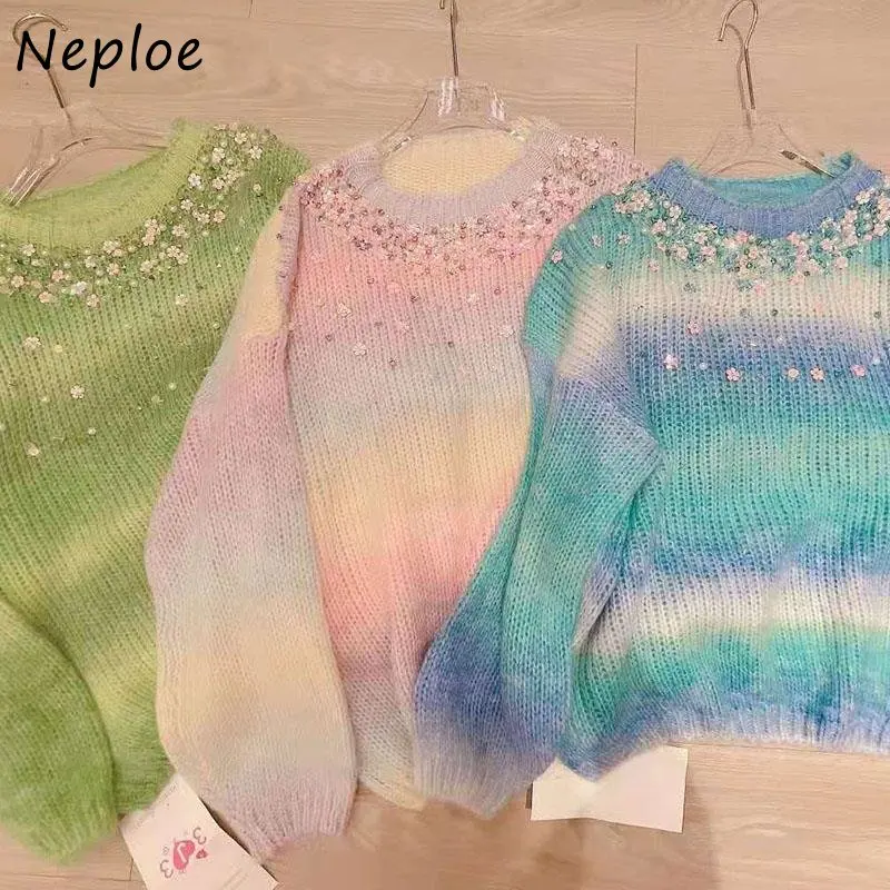 Neploe O Neck Beading Shiny Sweater Y2k Long Sleeve Stripe Gradient Pull Femme Autumn Winter Vintage Knitted Pullover Jumpers