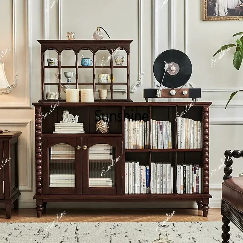 French retro solid wood bookcase simple living room multi-functional storage cabinet
