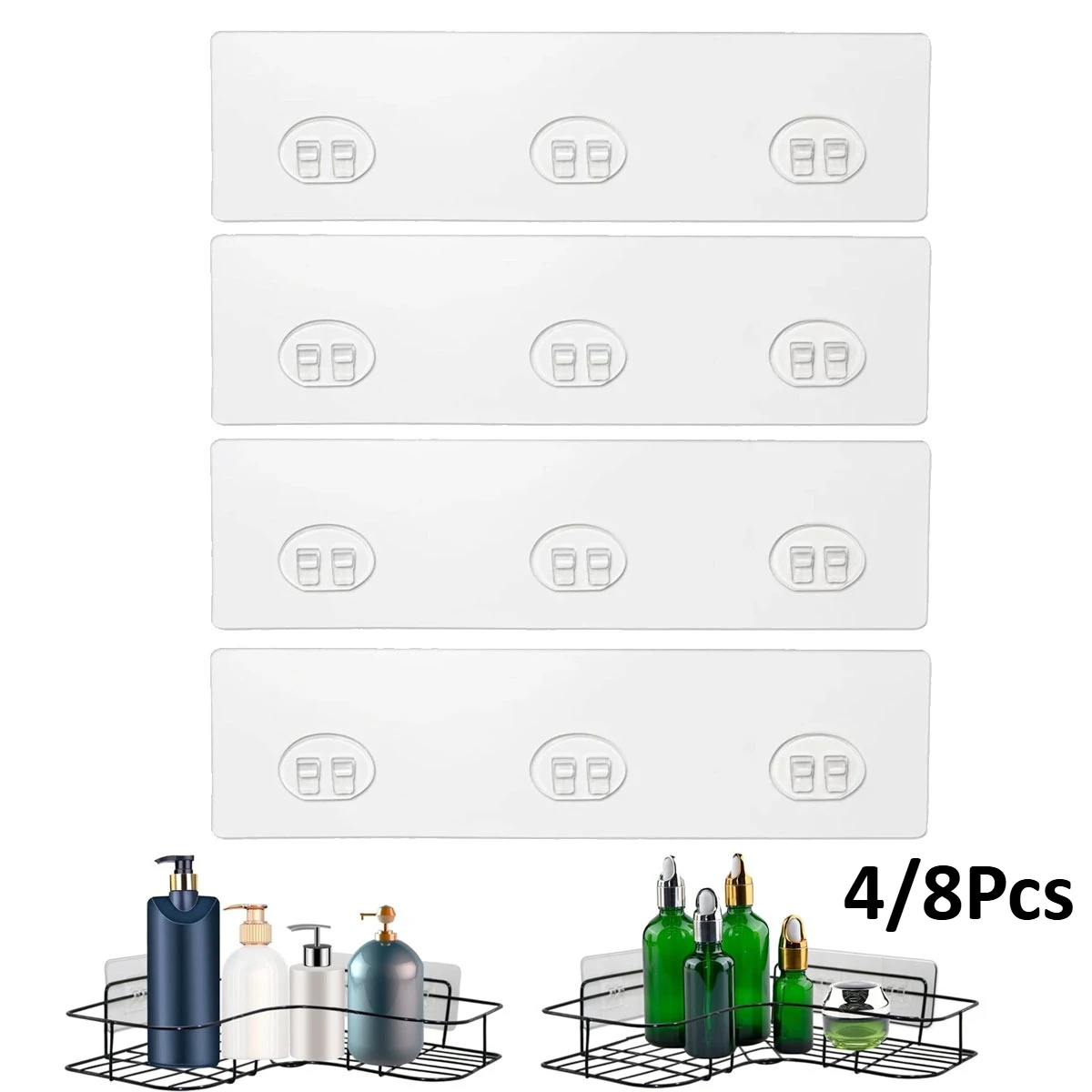 4/8Pcs Strong Adhesive Replacement Pads for Shower Caddy, Clear Sticky Stickers Hooks for Bathroom Corner Shelf Storage Rack