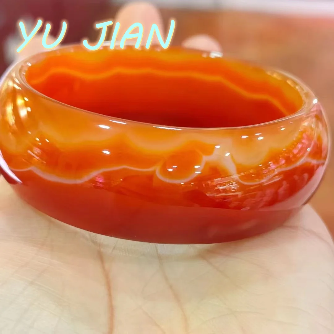 

Natural PatternLotus-Shaped Orange Red Agate Bracelet Widened Flat Bar Natural Chalcedon Bangle Ladies Fashion Accessories