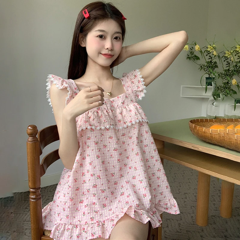 Kawaii Floral Summer Pajamas Set Women Flying Sleeve Square Collar Shirts + Shorts Two Piece Home Suit Sweet Korean Sleepwear