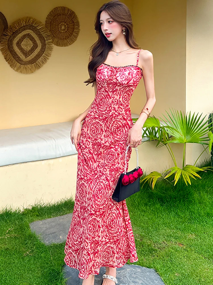 Damska Czerwona Sukienka Bodycon w Kwiaty, Elegancka Sukienka na Ramiączkach, Seksowna Długa Sukienka 2025 Koreański Vintage Luksusowa Sukienka na Bal Maturalny Letnia Elegancka Sukienka na Imprezę i Wydarzenia