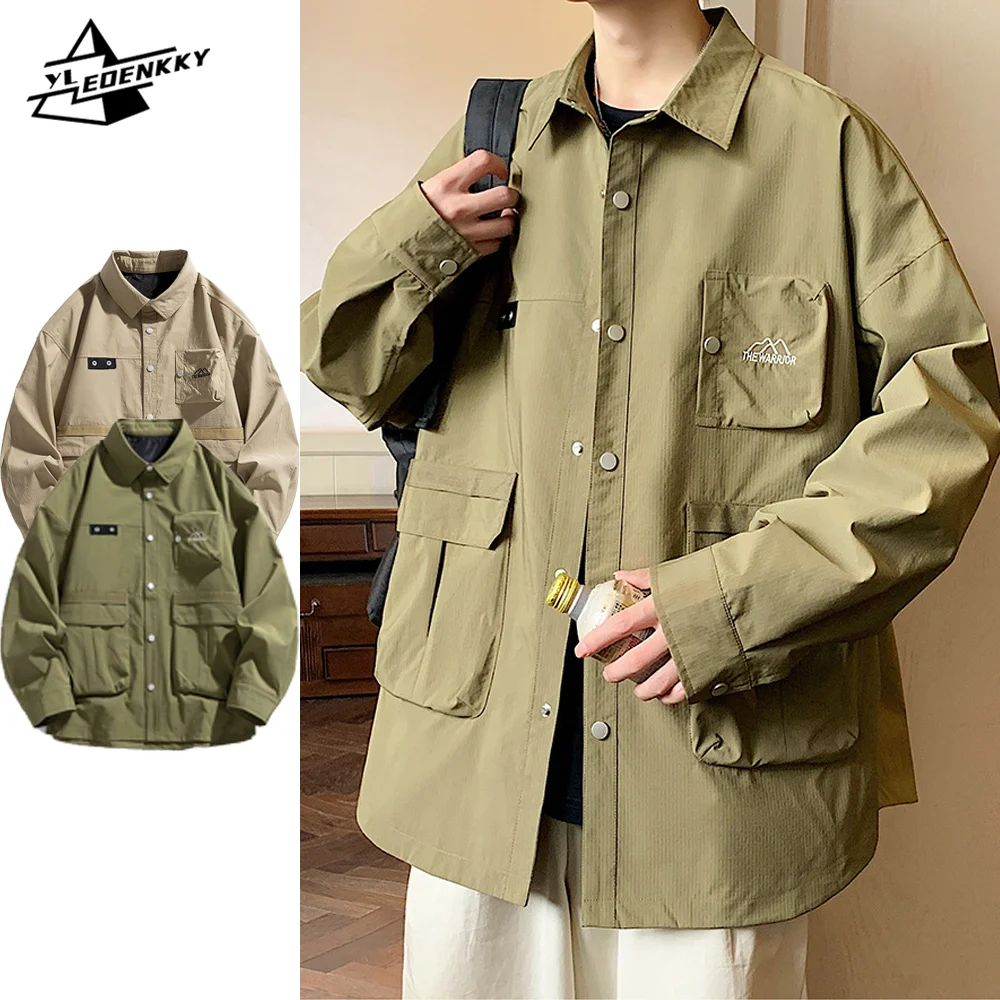 Spring Autumn Cargo Jacket Men Retro Solid Color Loose Long-sleeved Shirt Harajuku Multi-pocket Oversize Coat Casual Couple Tops