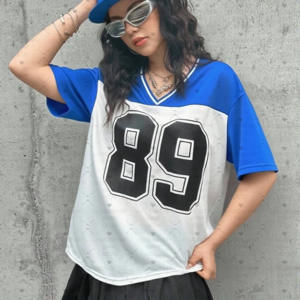 

2025 Women NUMBER 89 Print V-Neck Short Sleeve T-Shirt Summer FOOTBALL Tee Baseball Jerseys Stripe Oversized Sport T-Shirt