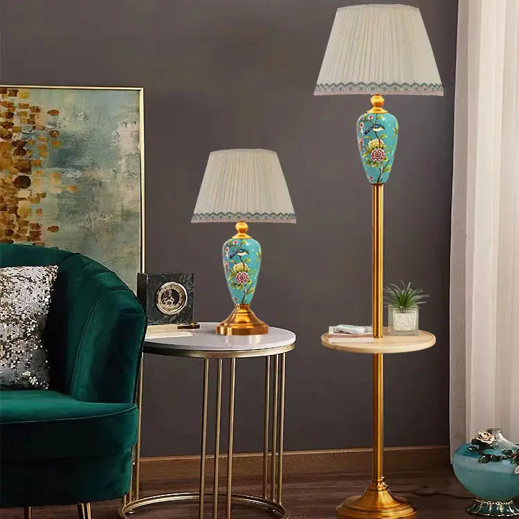 Retro Nordic Floral Ceramic Floor Lamp with Tray & LED Light 4