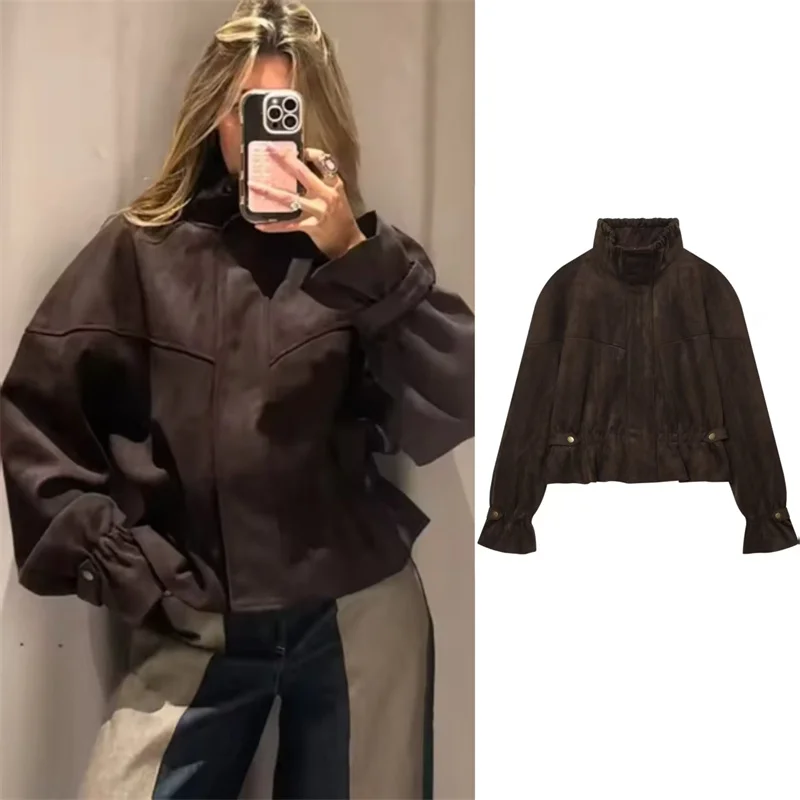 Guobioziy Women's Jacket 2026 Fall/Winter New Deep Brown Long-Sleeve Pleated Suede Texture Parka Jacket Stylish and Trendy