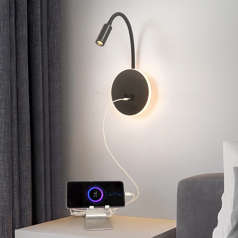 AC 100-240V Modern LED Reading Wall Lamp, Gooseneck Besides Lamp with 2.1A USB & Type-C Charging Port for Bedroom Living Room