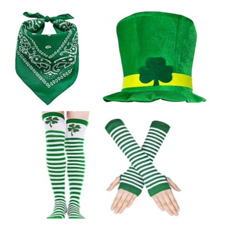 Traje vestir para o dia StPatricks, 4 peças, trevo verde, chapéu alto, meias luvas, conjunto para celebração do dia