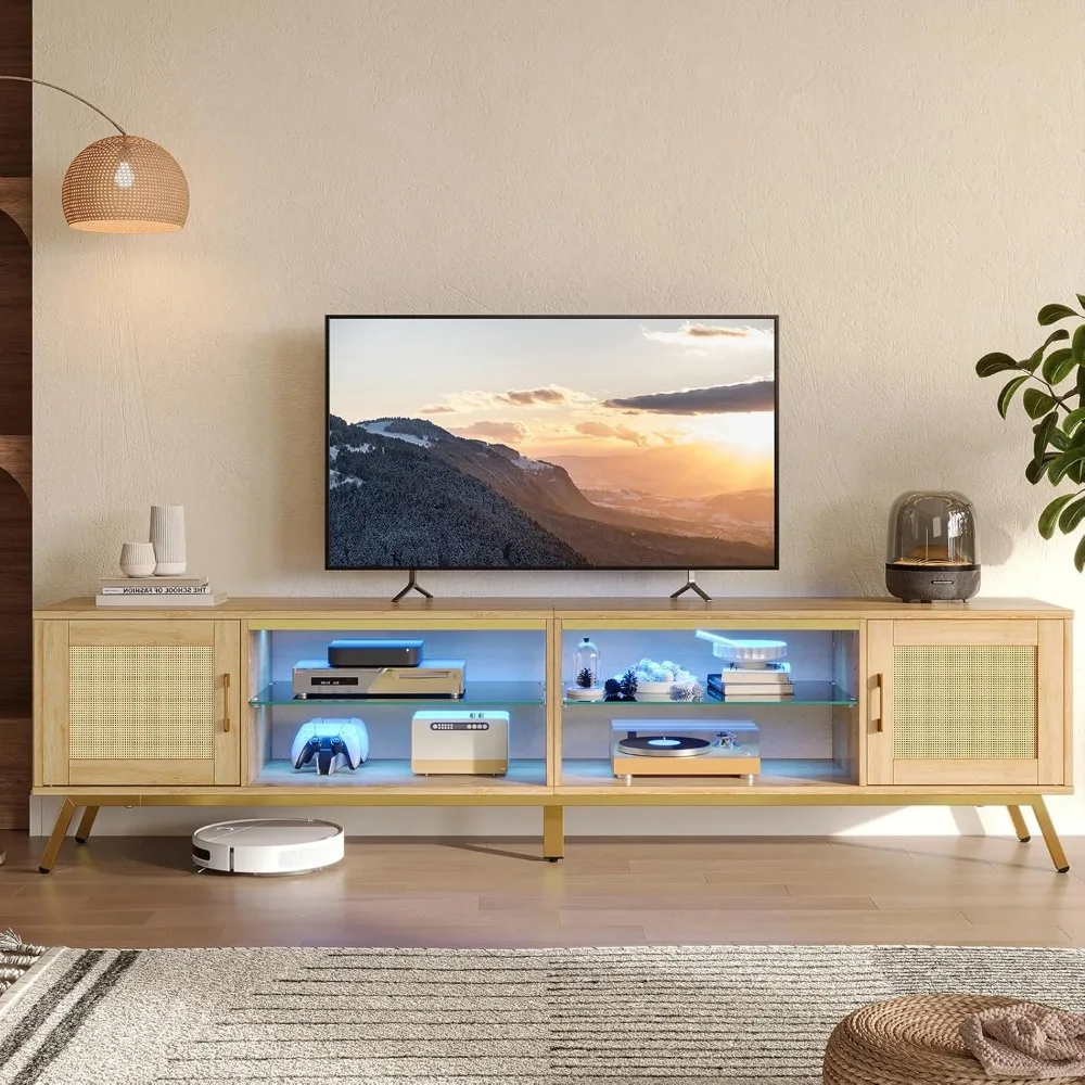 Suporte de TV de vime natural de 80 polegadas com armazenamento para TV de 85 polegadas, centro de entretenimento moderno 4 em 1 de meados do século com luzes LED,