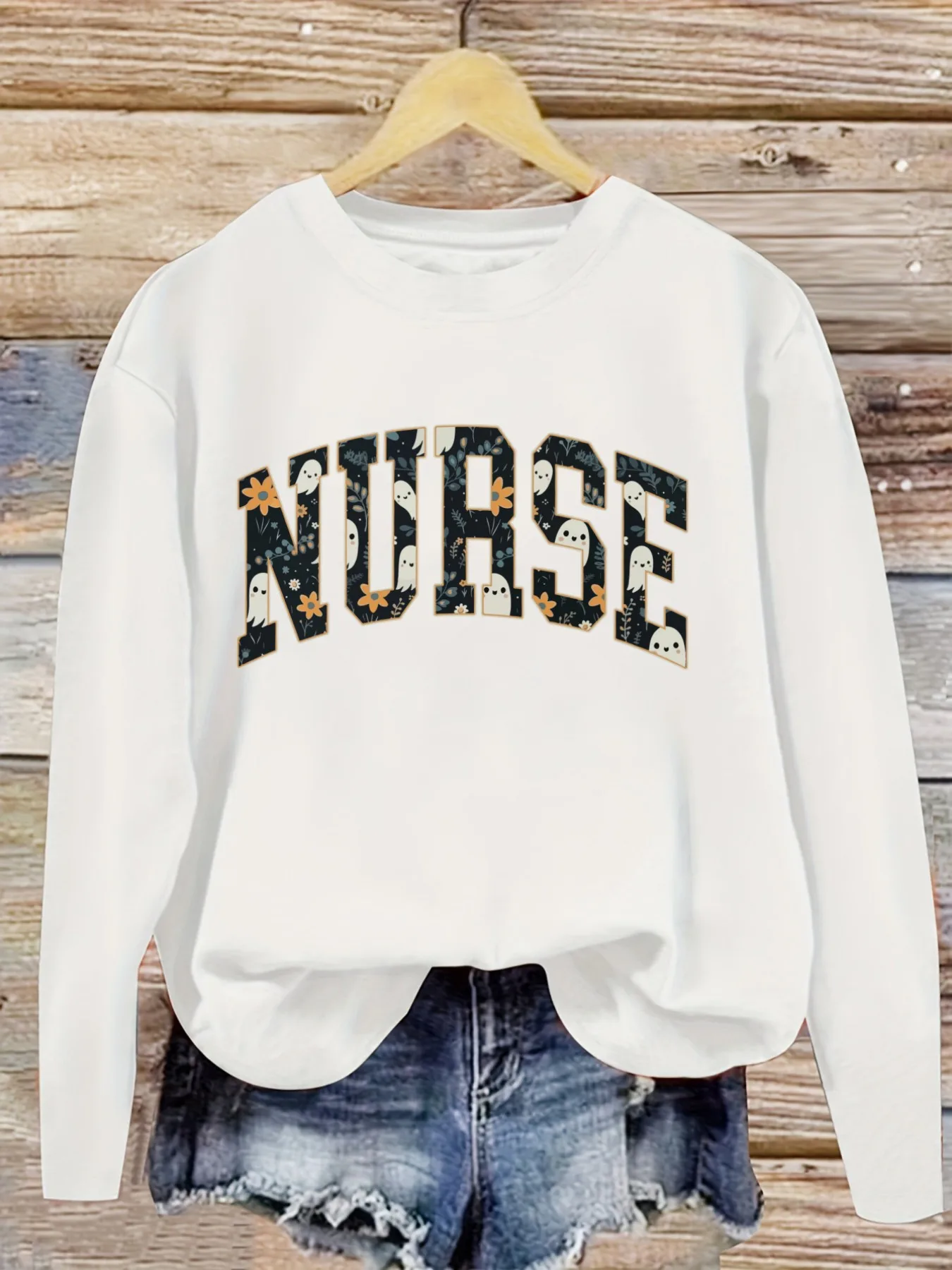 Women's Casual Long Sleeve Crew Neck T-Shirt Nurse Ghosts And Flowers Print Design, Round Neck Women's Clothing, Machine Washable, Slightly Elastic, Loose Fit, Spring Autumn Winter Women's T-Shirt, Halloween Costume Outfit view 5