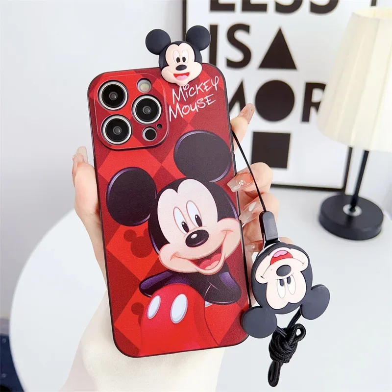 Mickey Mouse Minnie Doll lanyard Couple Anime Phone Case For iPhone 15 14 13 12 11 Pro Max Xr 8 14 Plus Case Cute cartoon Cover