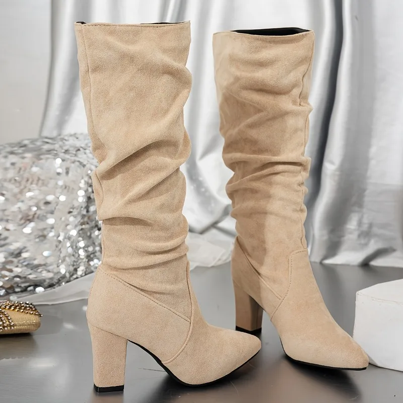 

High Quality Women Pleated Flocks High Thick Heel Mid-calf Boots for Women Evening Party Wedding Shoes Banquet Botas De Mujer