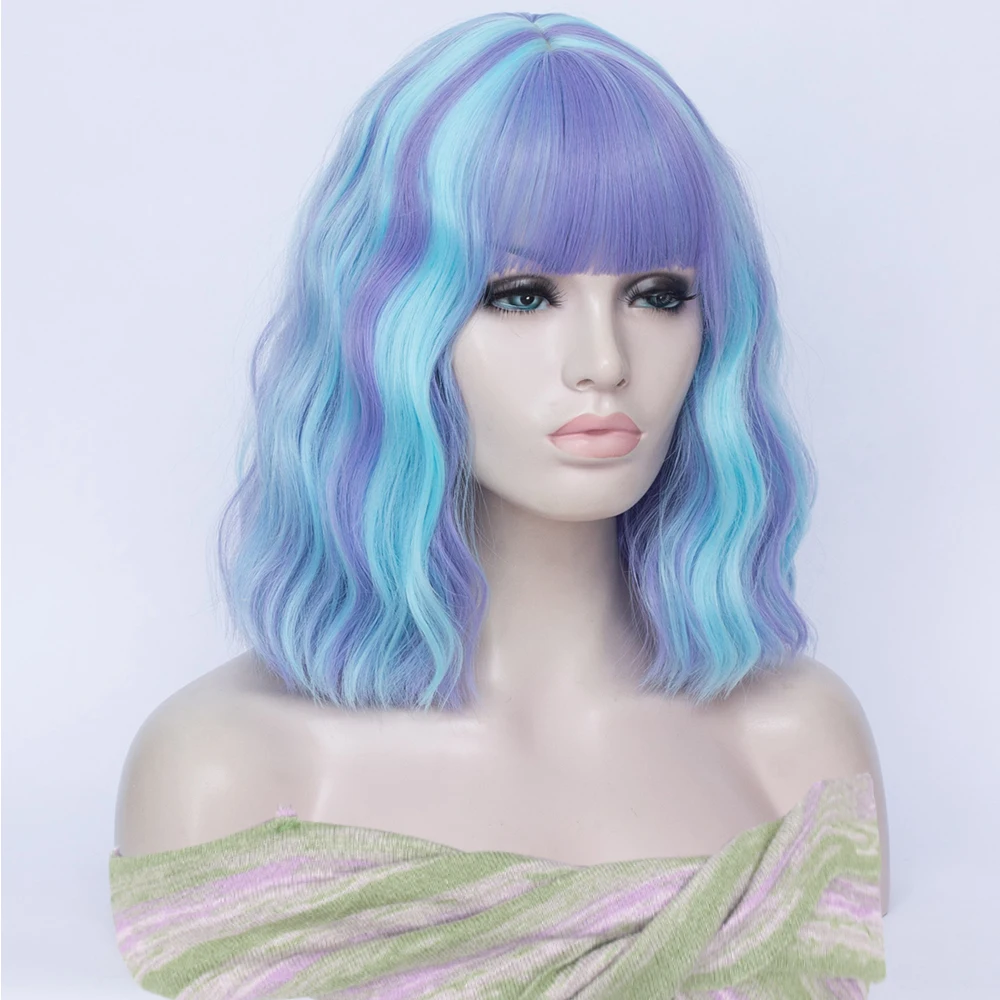 Sintético curto azul misturado roxo encaracolado onda bob peruca com franja para mulheres diário cosplay festa usar resistente ao calor cabelo falso
