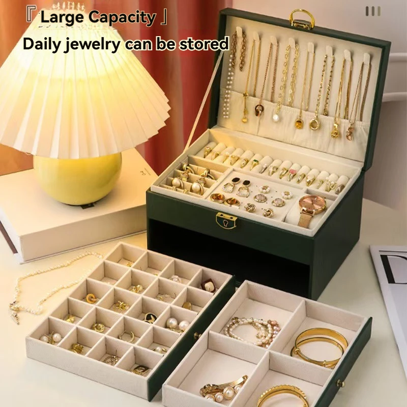 

1 шт./кожаная шкатулка для драгоценностей, многослойная коробка для хранения большой емкости с замком, шкатулка для драгоценностей для макияжа