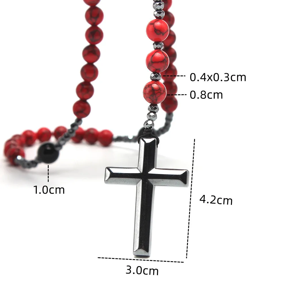 8mm natürliche Redstone Kreuz Anhänger Vintage Herren schwarz Gallenstein Achat Gebetskette Halskette Pullover Kette Party Schmuck – Detail 4