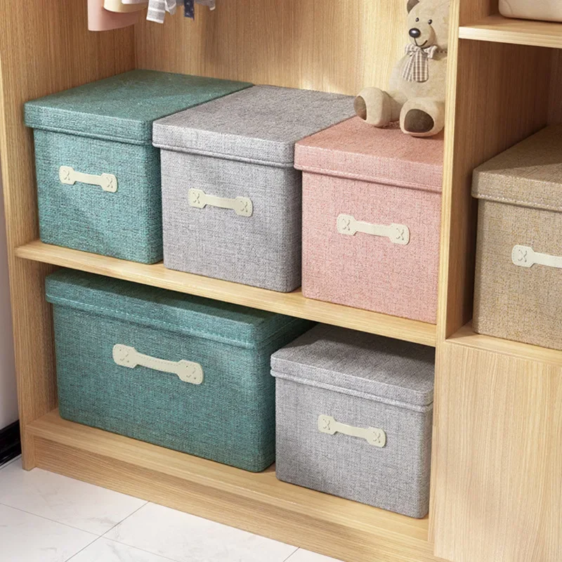 Cotton Linen Folding Storage Box with Lid Closet Drawer Clothes Books Toys Sundries Quilts Organizer Laundry Basket for Wardrobe