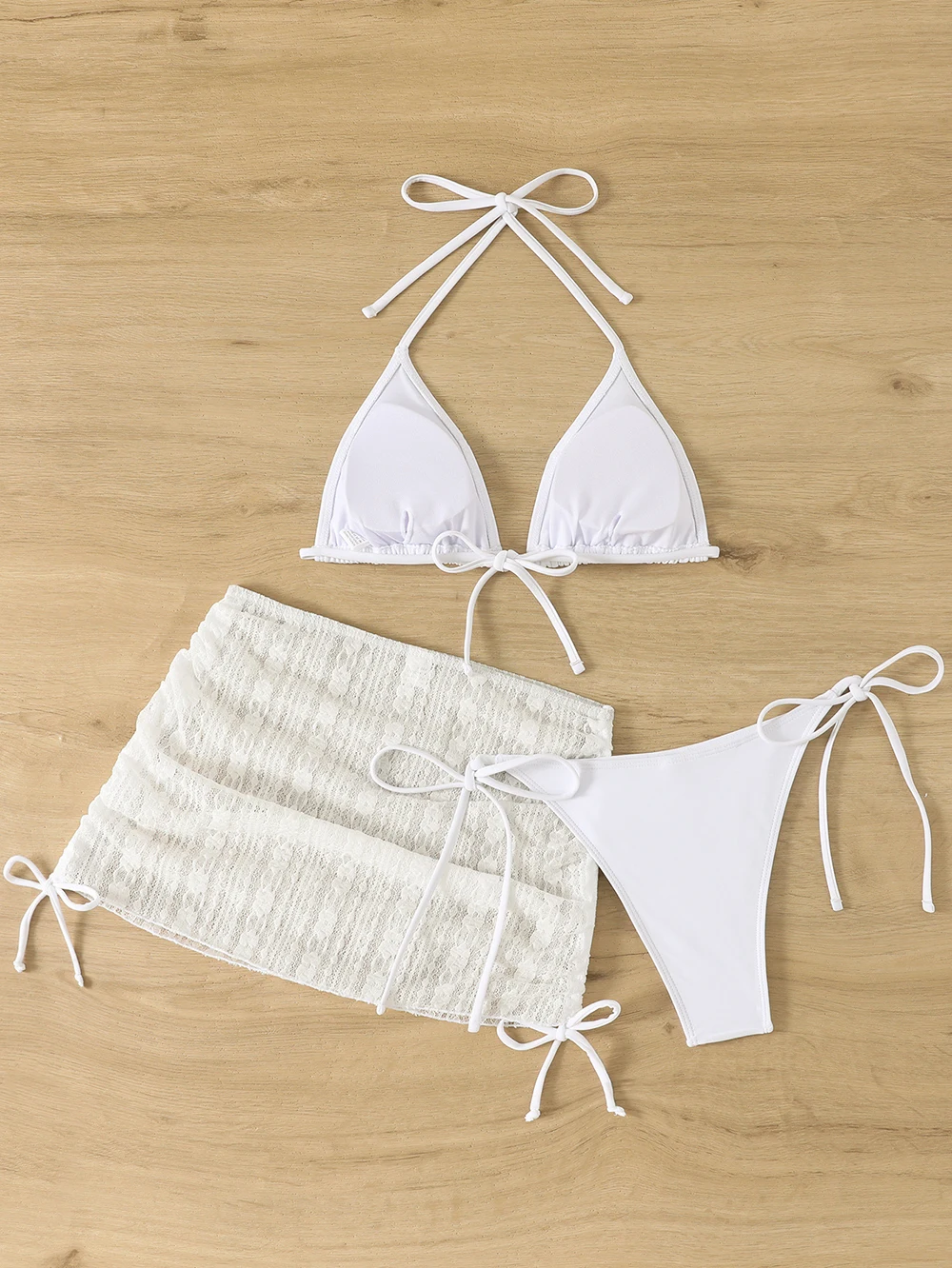 Sexy Solid 3 piece Bikini Set Women's Halter Lace Up Low Waist Swimsuit Triangle Thong Tie On Side Swimwear Brazilian Biquinis