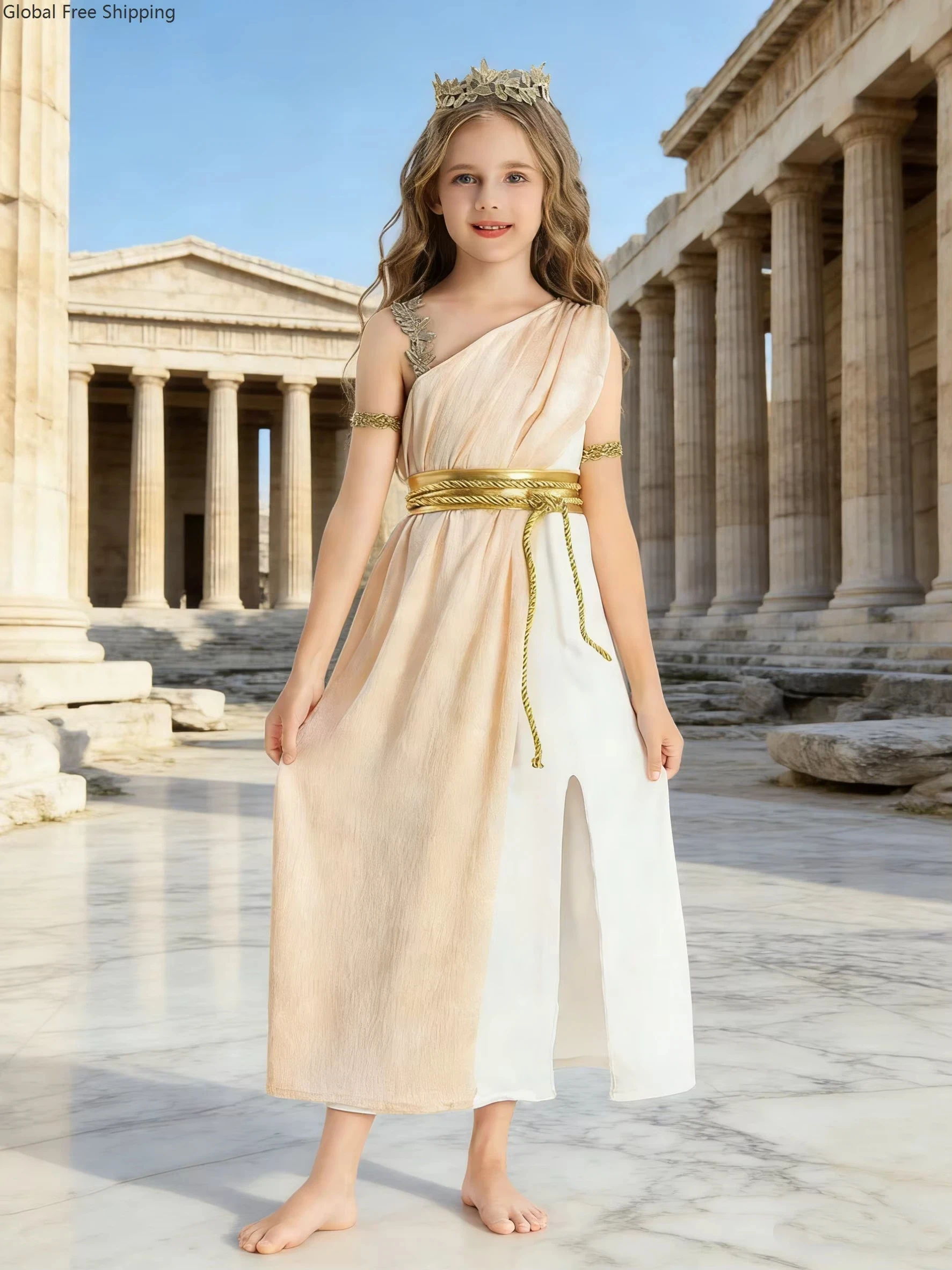 

Golden Ancient Greek Goddess Athena Children's Costume Medieval Greek Deity Tovana Halloween Cosplay Roman Cleopatra Girl Dress