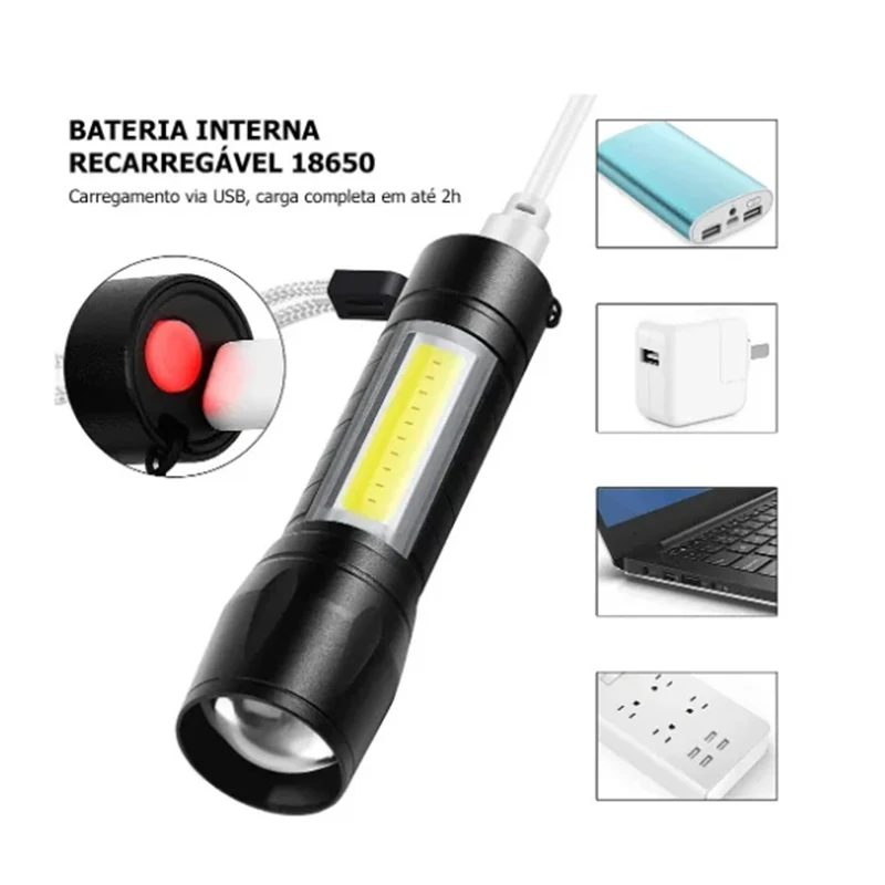 Mini ładowalna latarka LED COB + XPE przenośna latarka latarnia kempingowa Zoomable Focus Light latarka taktyczna z klipsem na długopis