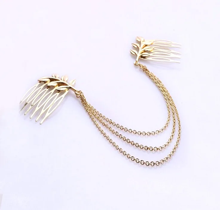 Wedding Bride Hair Accessories for Women Accessories Fashion Gold color Chain Leaf Hair Jewelry Clip for Hair Comb Pins