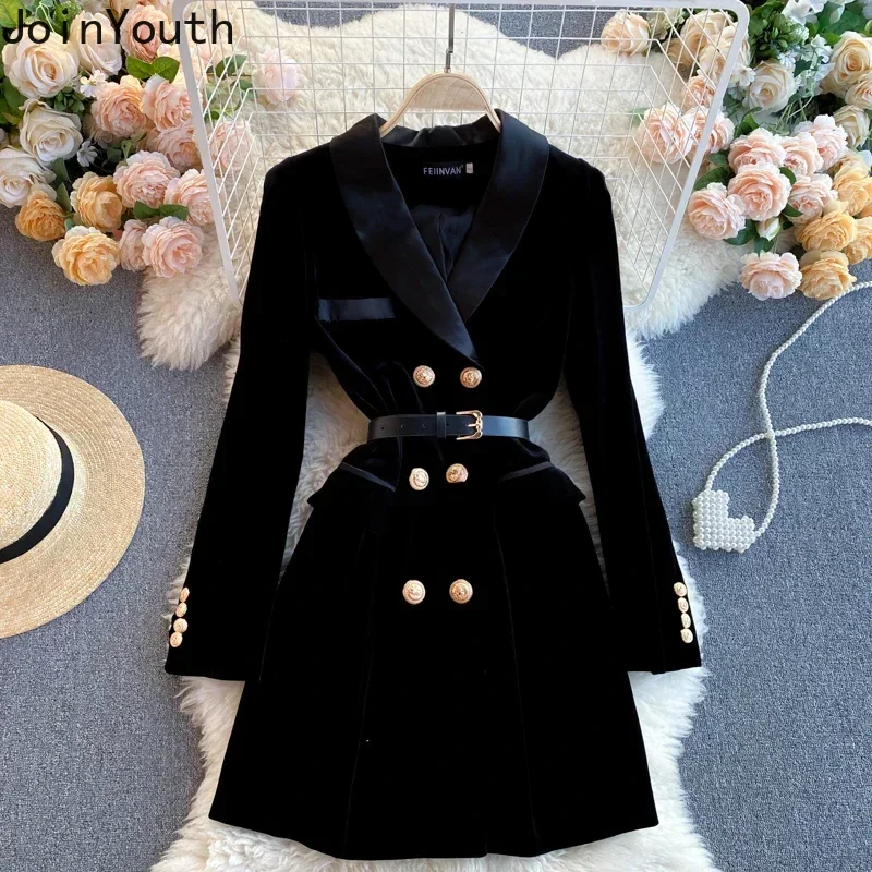 Autumn Winter Robe Femme Double Breasted Slim Velvet Dress for Women Vintage Elegant Solid Color Lapel Collar Vestidos De Mujer