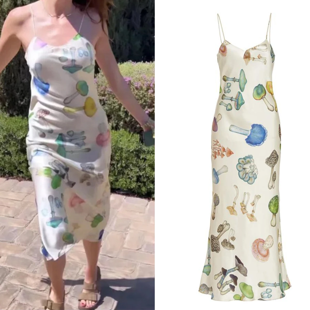 Sexy Womens Summer Midi Dress Sleeveless Spaghetti Strap V Neck Mushroom Print Long Dress Fashion Party Dress Hot Sale S M L