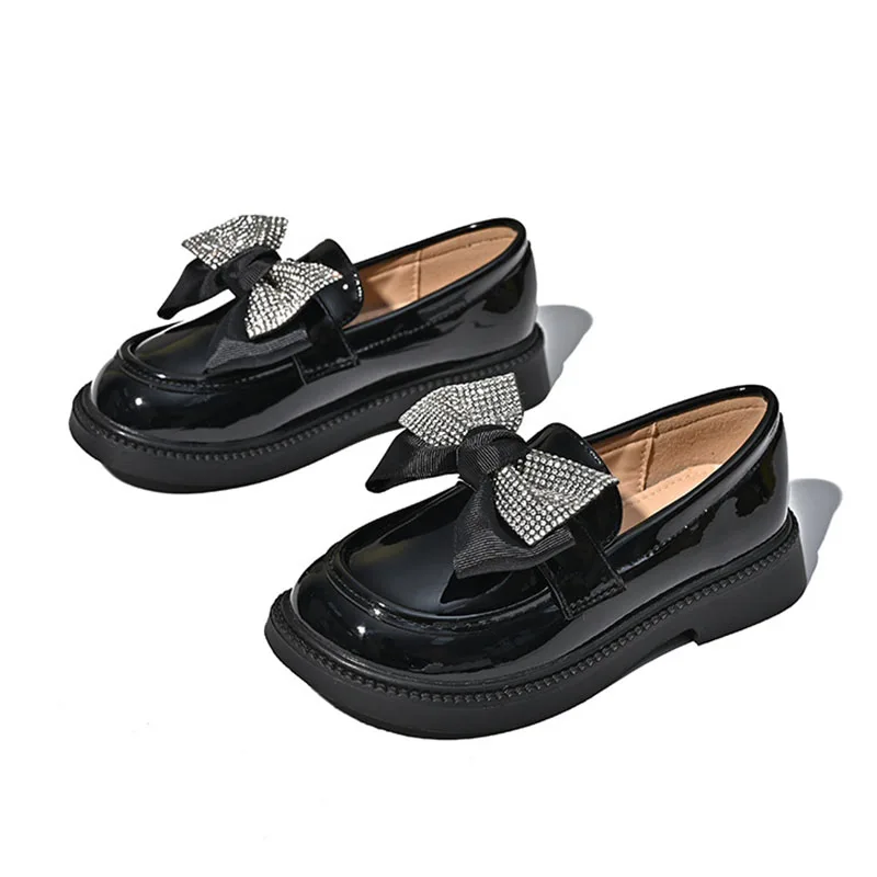 Girls' Black Flat Shoes New Bow Girls' Leather Shoes Comfortable Student Campus Shoes Children's White Single Shoes