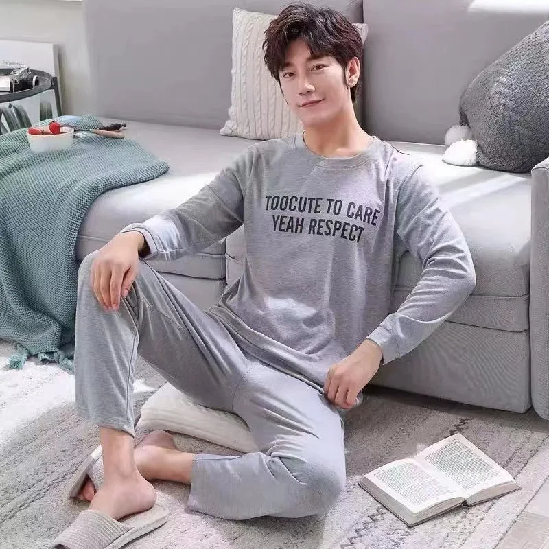 New Spring and Fall Men\'s Long-Sleeved Pajamas Homewear Two-Piece Set of Men\'s Teenagers Large Size Casual Loose Pajamas Homewea