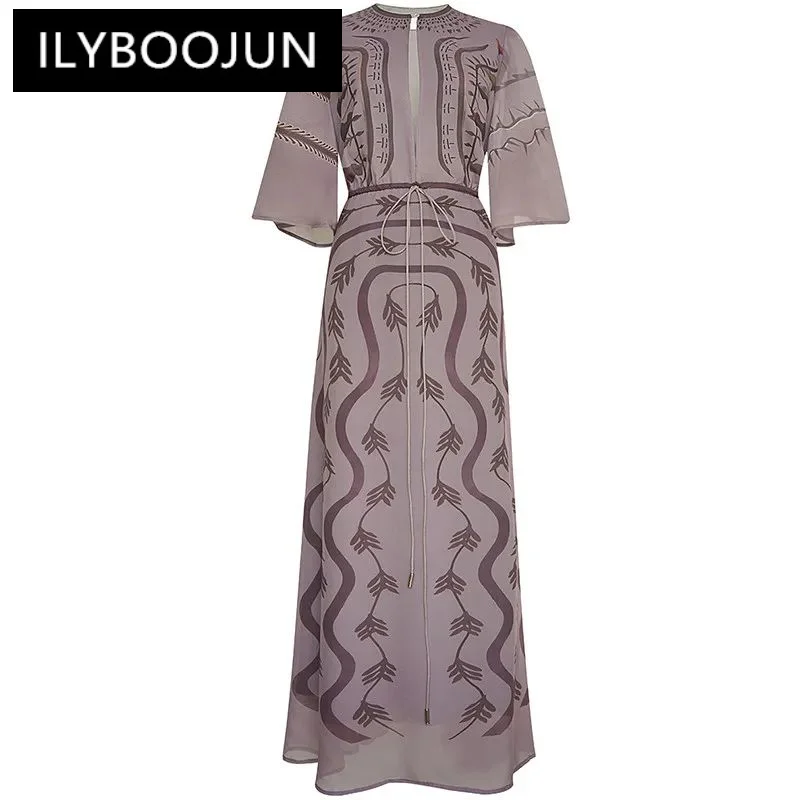 

ILYBOOJUN Fashion Runway Vintage Print Party Dress Women O Neck Sexy Hollow Out Draw String Gathered Waist Slim Long Dress