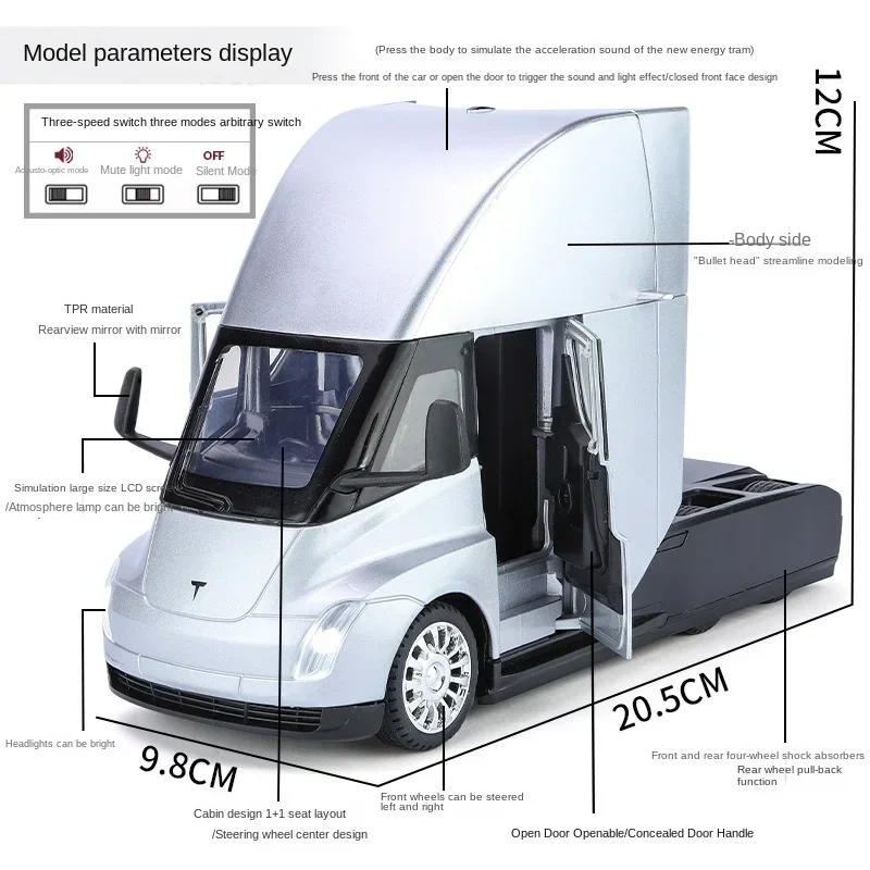 1:24 Tesla Semi Truck Trailer Metal Alloy Diecast Truck Trailer Model Sound & Light Collection Car Model Toy Gift With Boys C325