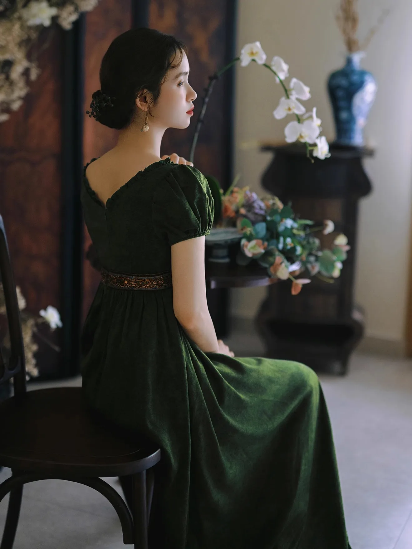 TIYIHAILEY Abito estivo da donna con pittura a olio Manica corta Lungo Maxi da donna Taglia S-XL Manica quadrata Vintage Verde a vita alta