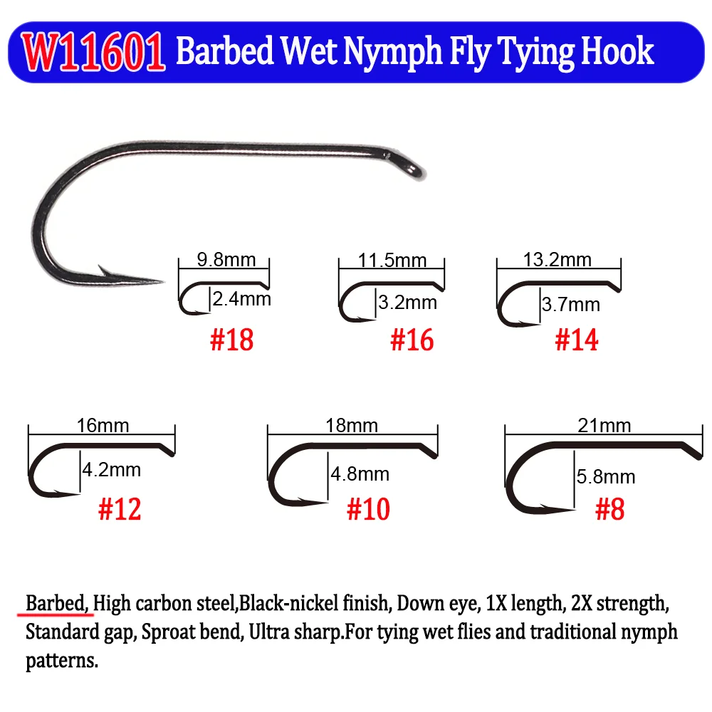 200 Stück Angelfliegenhaken mit Widerhaken und Widerhaken, Nymphen, Pupa, Ei, Fliegen, Trockenfliegen, Nassfliegen, Jig, Nymphenhaken, Caddis, Streamer, Fliegenbindehaken – Detail 5