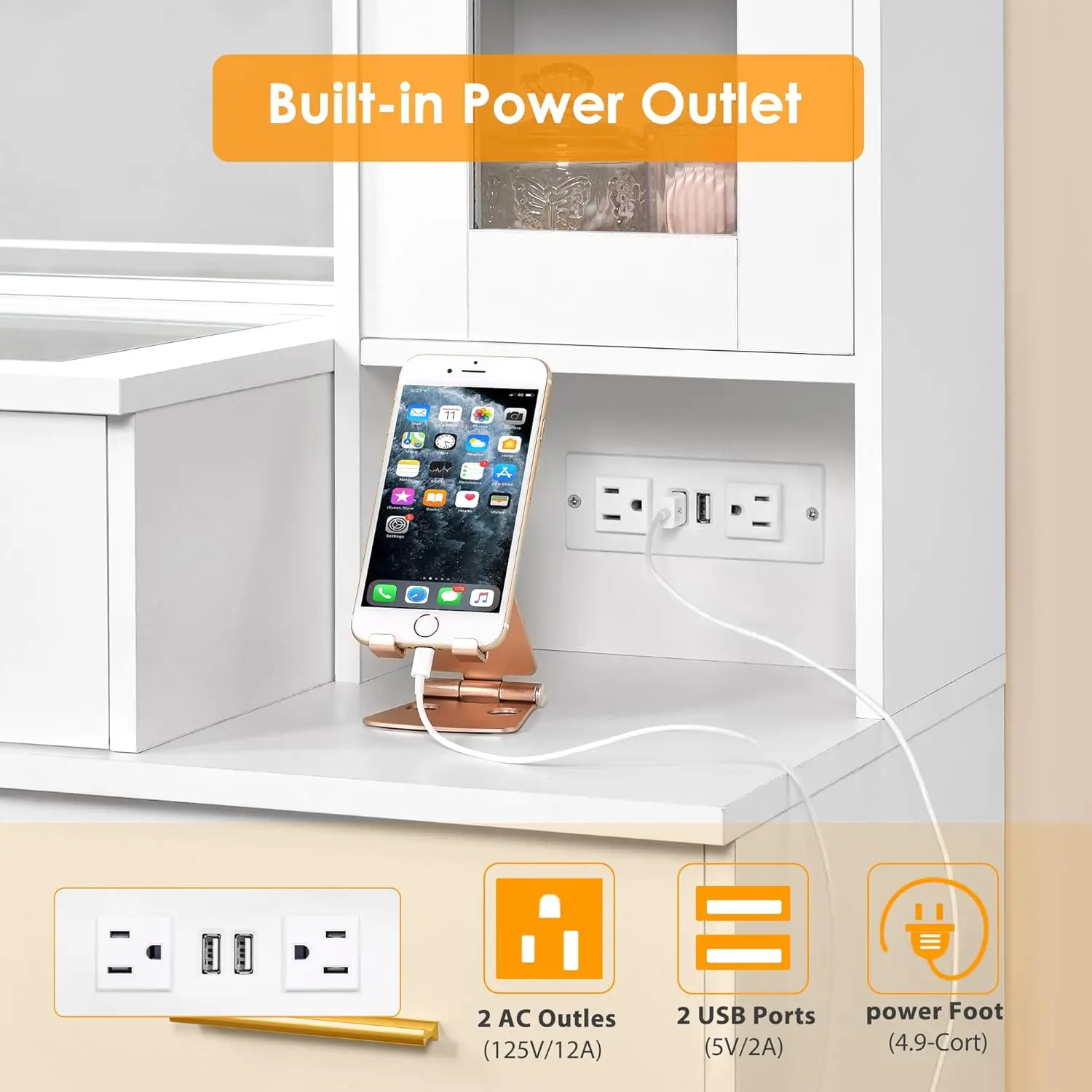 BEWISHOME 49.2" Large Vanity Desk with Mirror and Lights,White Makeup Vanity Table with Glass Top,Stool,Makeup Desk with Power