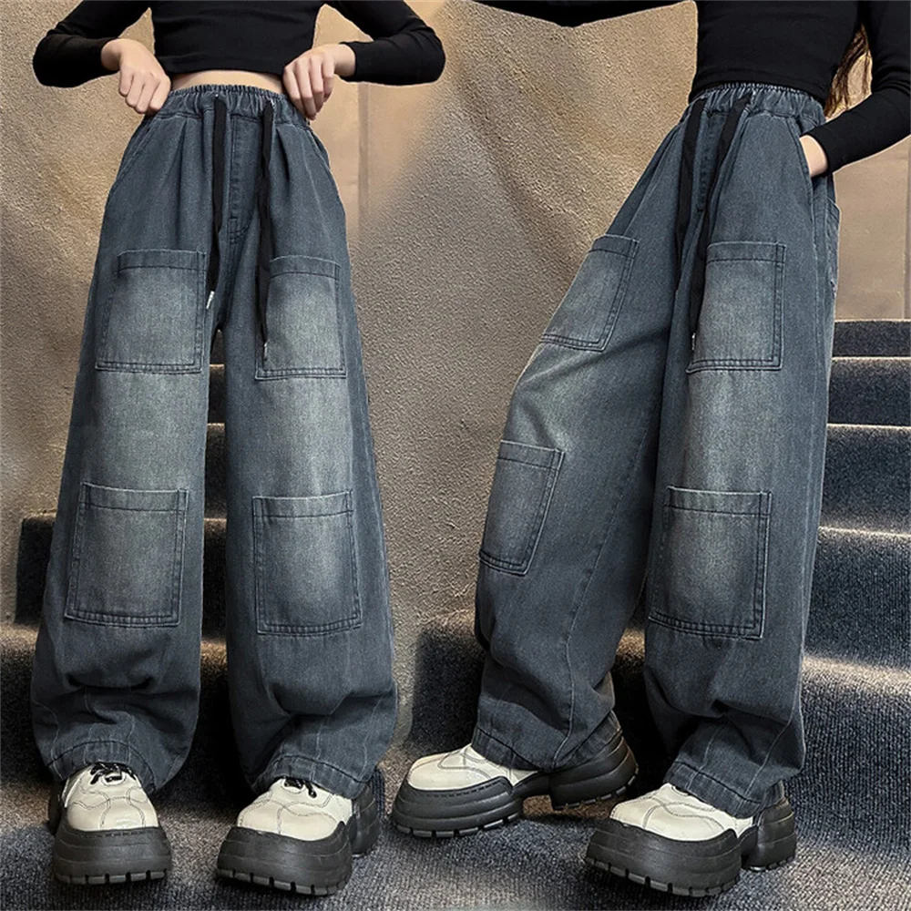 

8822 Multiple pockets Jeans Girls' Denim Wide Leg Pants Fashion Girls' Jeans Children's Jeans Kid's Casual Pants