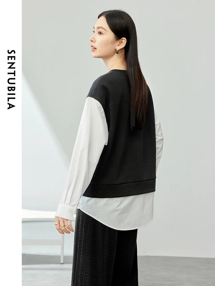 SENTUBILA 2 in 1 Oversized Sweatshirt Women Contrast Patchwork Long Sleeve Tops 2024 Spring Round Neck Female Pullover 141A53791