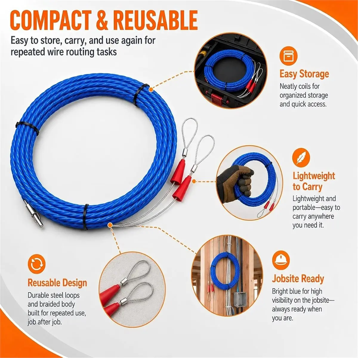 Fish Tape Cable Puller Kit Duct Rodder Flexible Wire Puller with Swivel Head Wall Conduit Ceiling Electrical Wiring Work