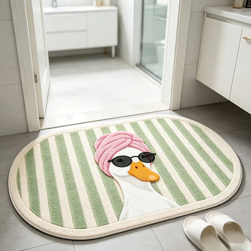 Cute Cartoon Sunglasses Duck Oval Rug Simple Striped Bathroom Door Mat Soft Fluffy Floor Mat Home Decor Bedroom Bedside Carpet
