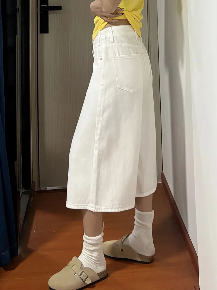 

plus Size Women's American Sle White Seven-Five Jeans Loose Fit Summer Thin Retro Wide Leg Mid-Length Pants
