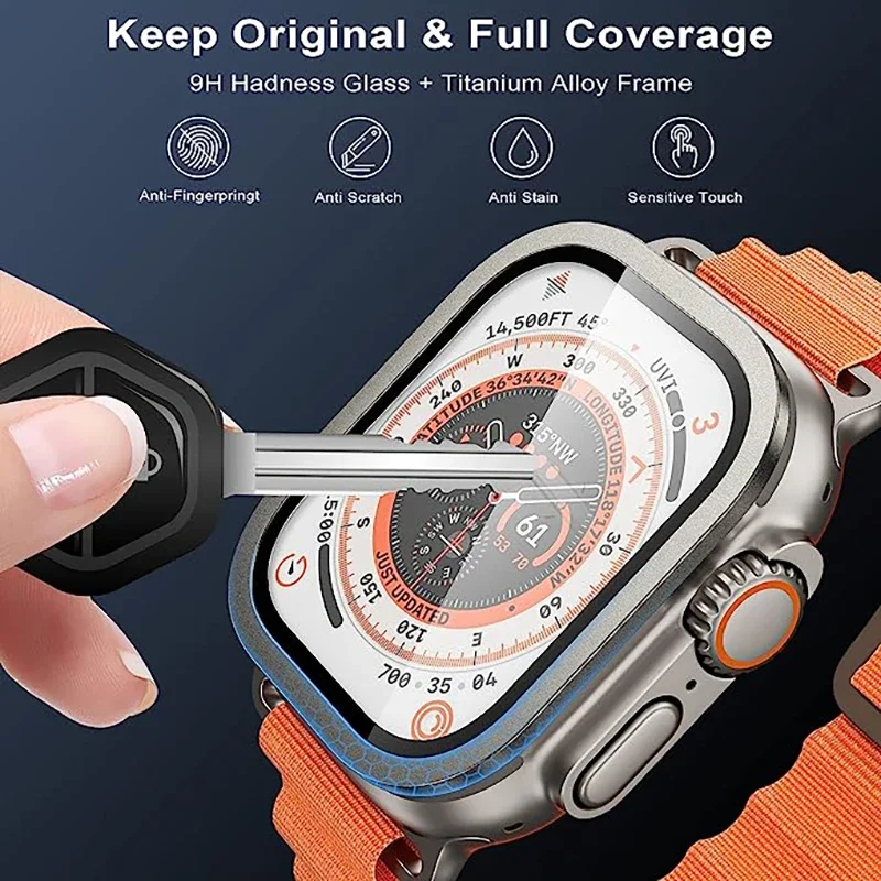 Dla Apple Watch Ultra Screen Protector 49mm szkło hartowane + metalowa ramka zapobiegająca zarysowaniom przezroczysta folia iWatch Ultra 49mm akcesoria