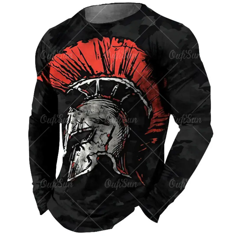 Spartan Tees Long Sleeved Black T-Shirt For Men 3d Print Shirts Spartan Graphics Men\'S Clothing Vintage Tops Casual Streetwear