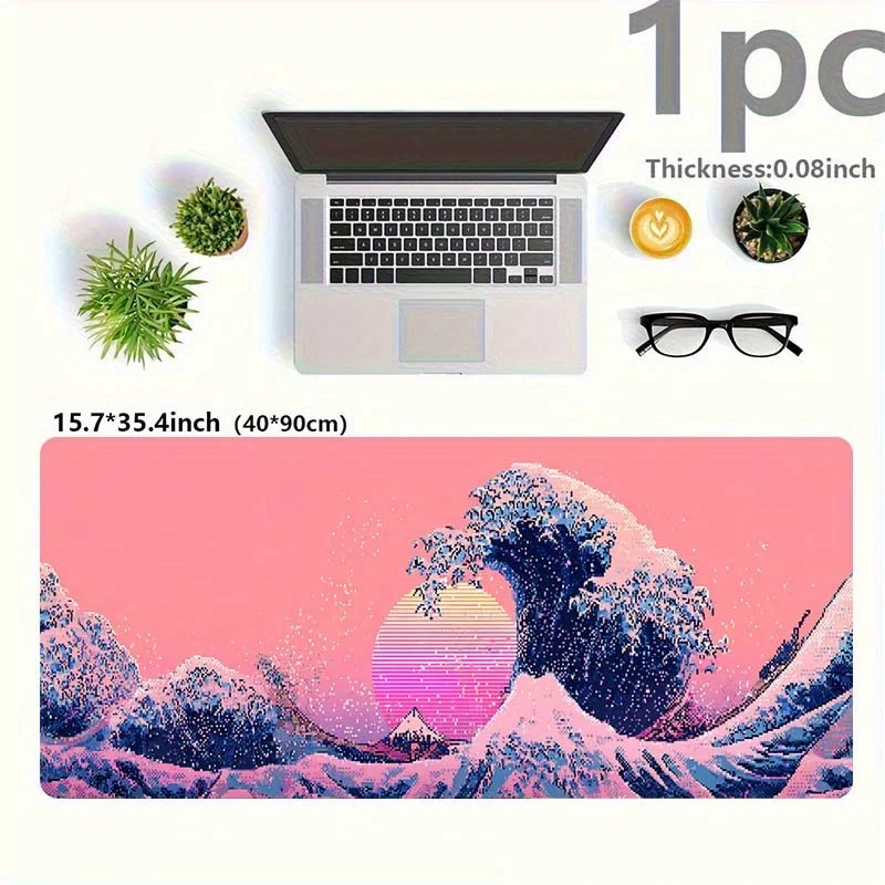 Retro Wave Great Wave Mouse Pad Large Gaming Desk Mat Rubber Base Home Office Keyboard Mat