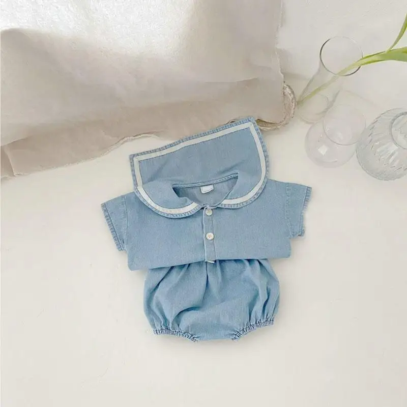 

Fashion Korean Japan Baby Costume 2Pcs Denim Baby Boy Girl Navy Collar Blouse Shirts + Bloomers Summer Fall Kids Beach Clothes