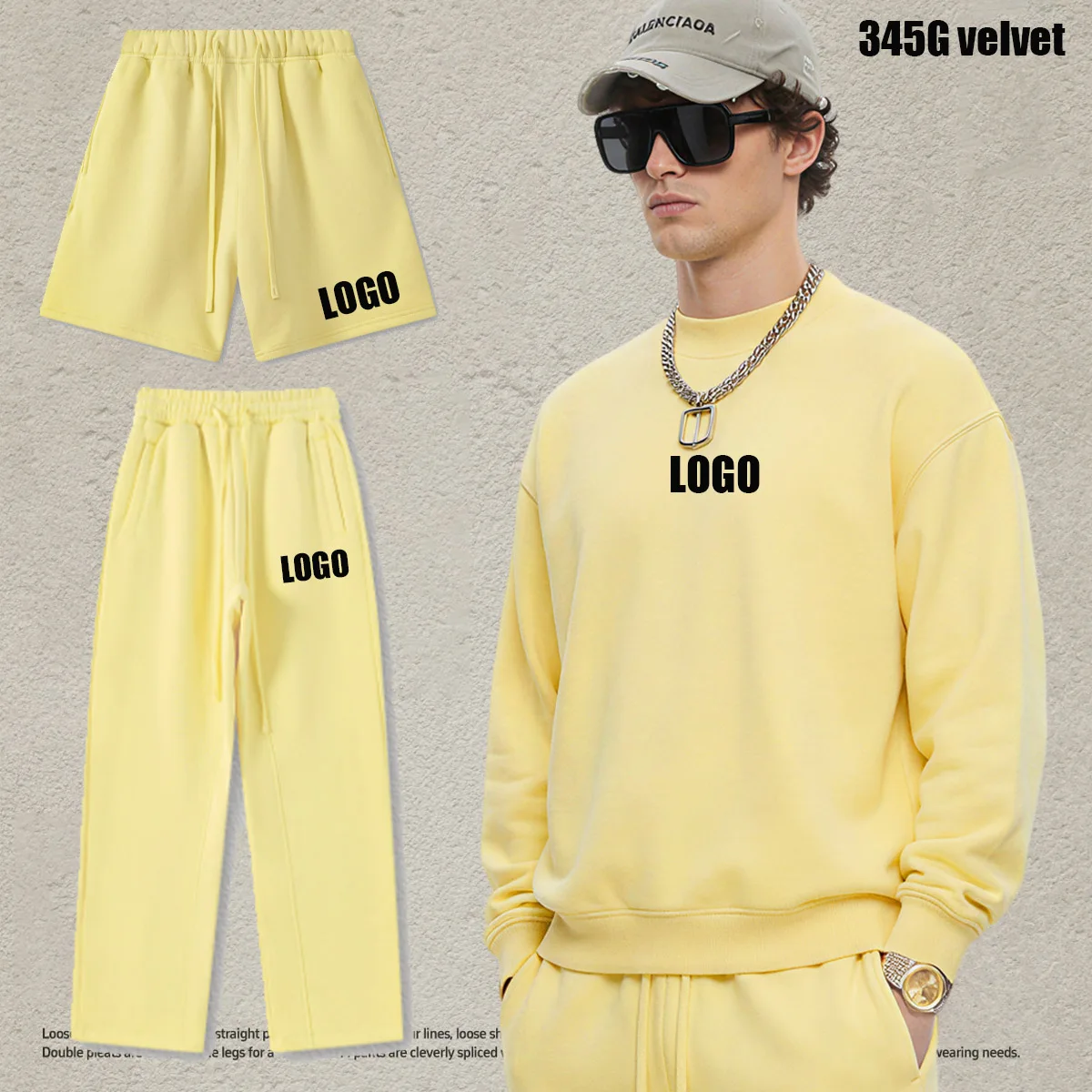 Customized LOGO Men's 2025 Autumn and Winter 345G Heavy Boxy Short and Wide Fleece Semi-turtleneck Sweater Shorts Couple Set