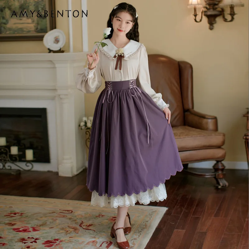 Spring Autumn New Elegant Retro Peter Pan Collar Lantern Sleeve Shirt Cross Tied High Waist Mid-Length Skirt Two-Piece Set Women