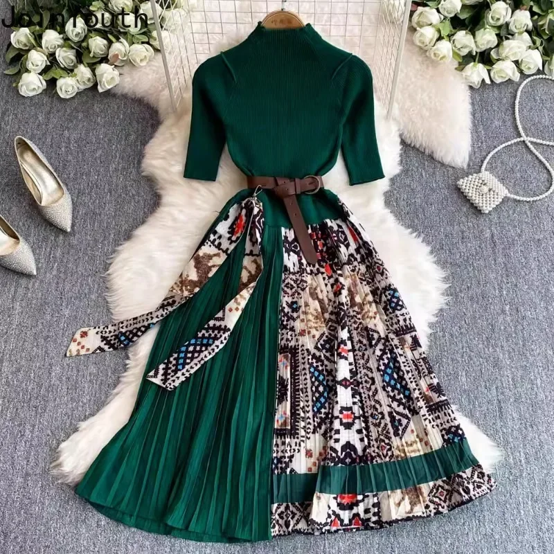 

Платья с цветочным принтом контрастного цвета, женское платье с коротким рукавом и воротником-стойкой, темпераментное платье Femme 2024, Vestidos De Mujer, вязаное плиссированное платье