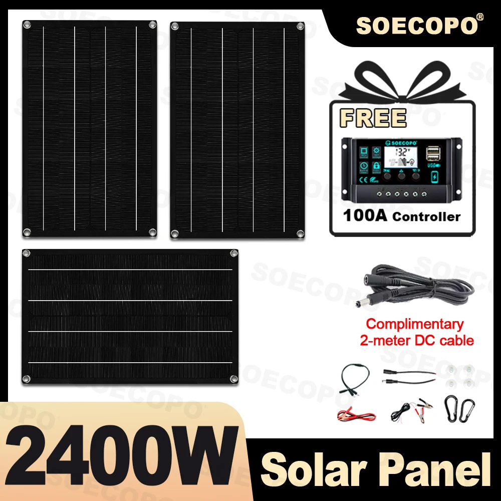 SOECOPO 2400W Portable Solar Panel Set 3*800W Solar Panels with Free 100A Controller USB 5V Perfect for Home & Camping Equipment