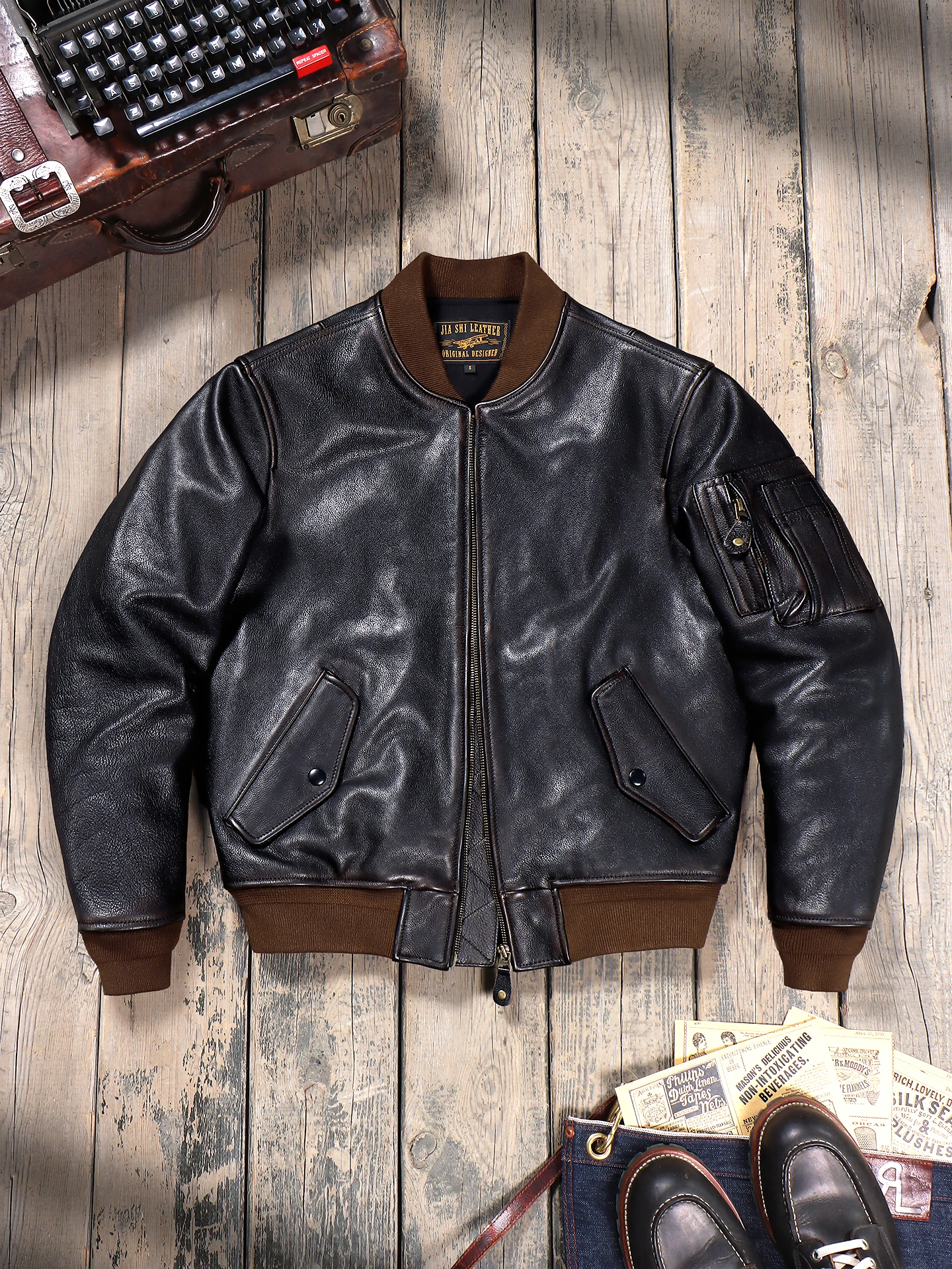 Tailor Brando 1.4mm Full-Grain Tea-Core American Vintage MA-1 Aviator Jacket Men's Genuine Leather Baseball Jacket
