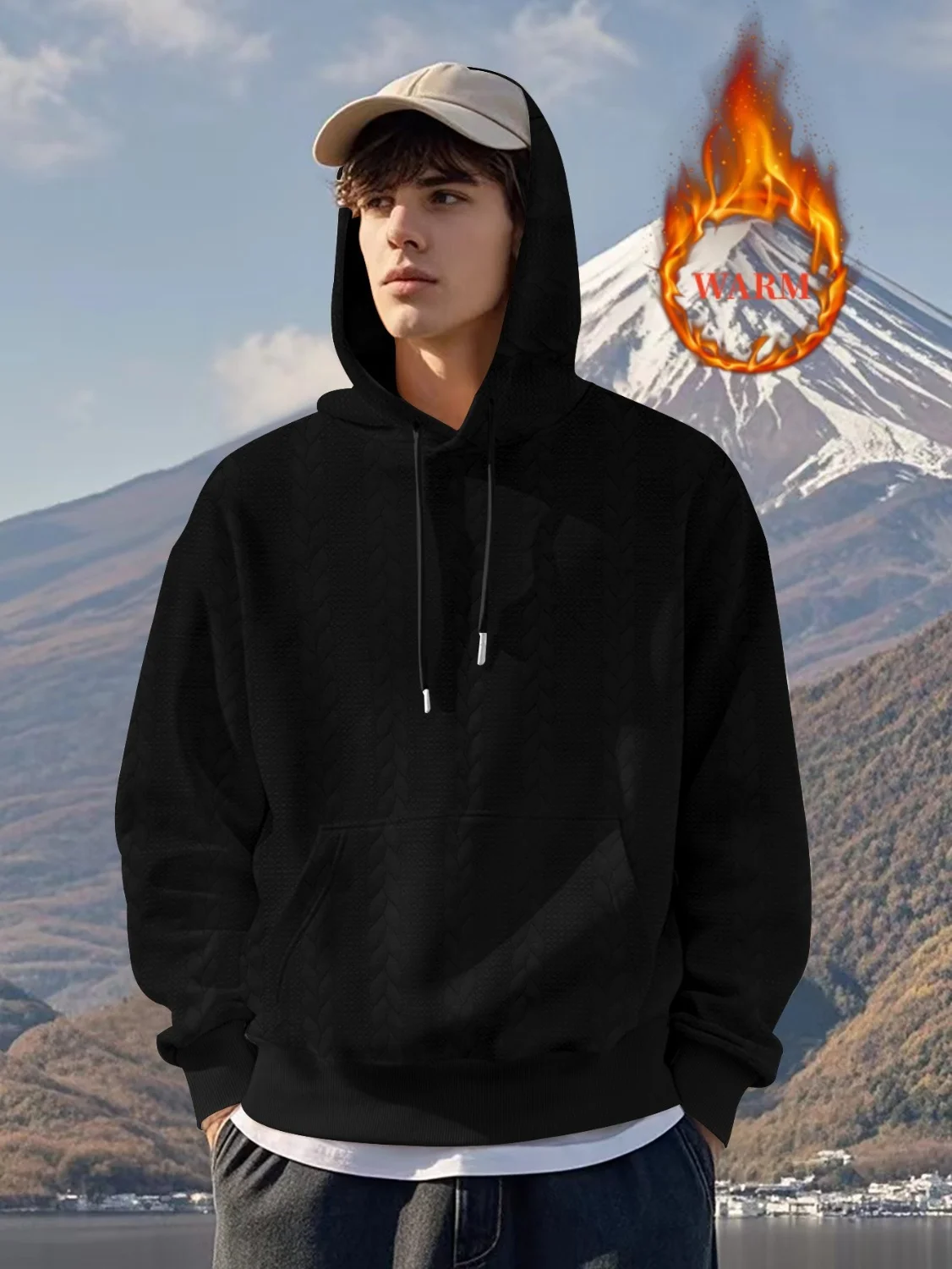 

Men's Large-Sized Hooded Sweatshirt Casual Style with Long Sleeves Drawstring Jacquard Pattern Fall/Winter New 2025